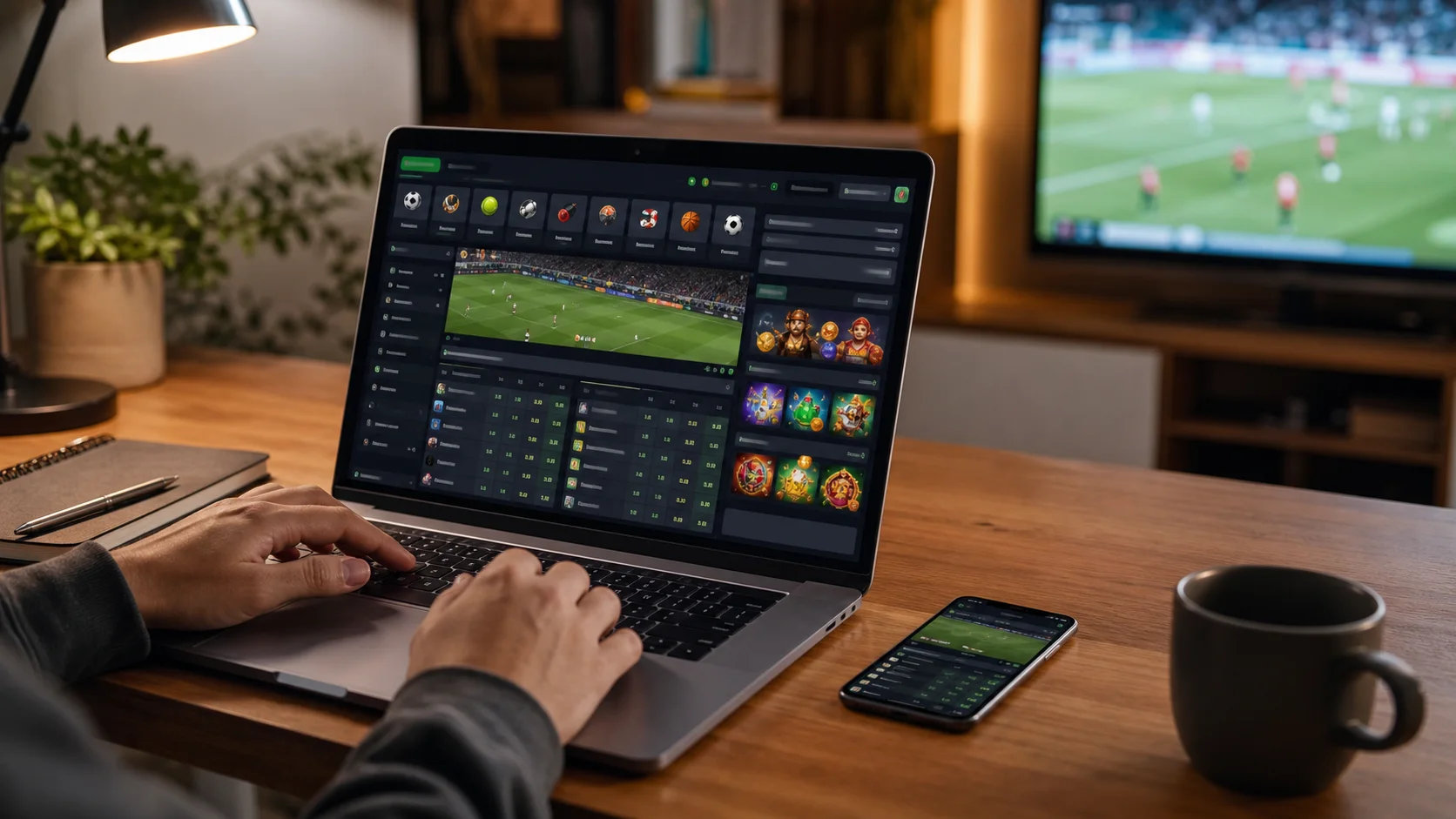 Plataforma 4rabet em notebook e celular com apostas esportivas e cassino online
